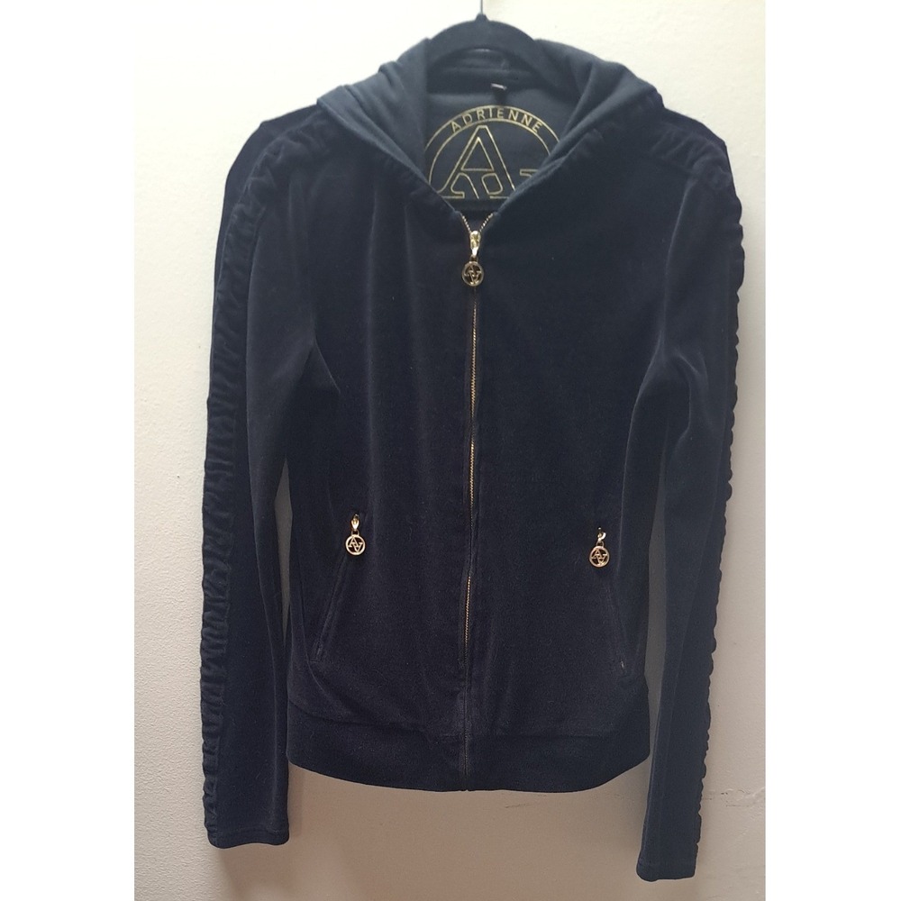 Adrienne Vittadini Black Velour Zip Up Hoodie Ruched Sleeves Gold Hardware M